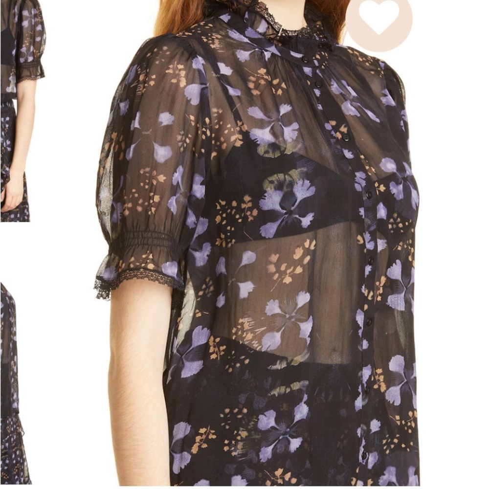 ba&sh black sheer and lace top with purple floral print